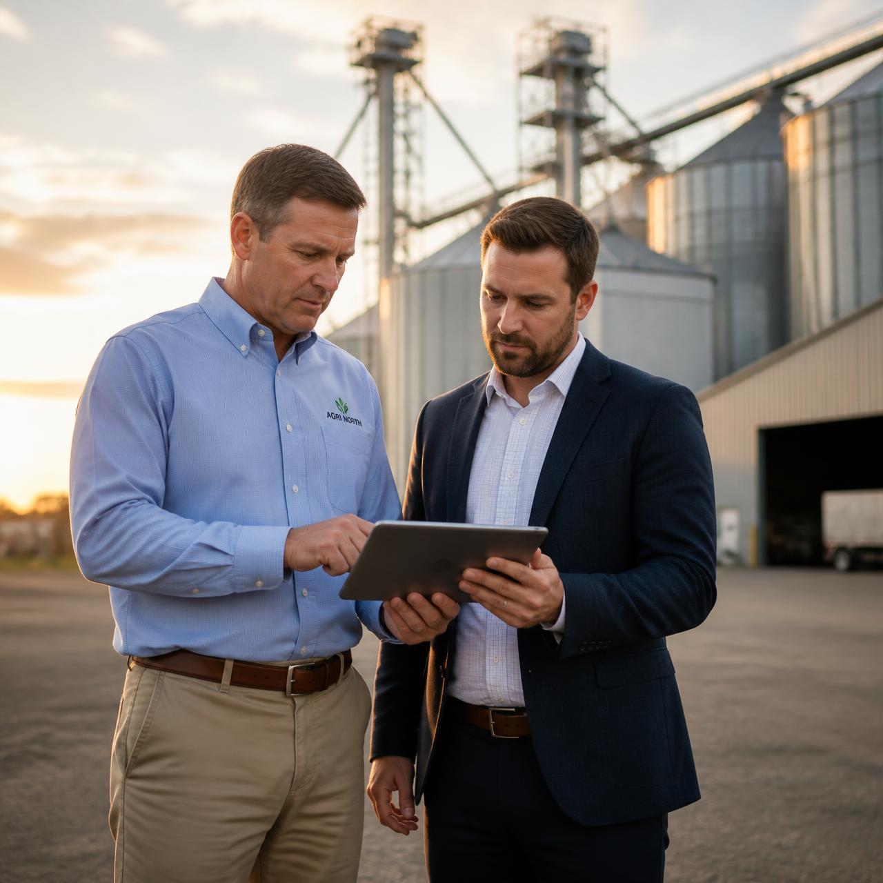 Executivo do Agronegócio e consultor analisando dados em tablet em frente a complexo de silos